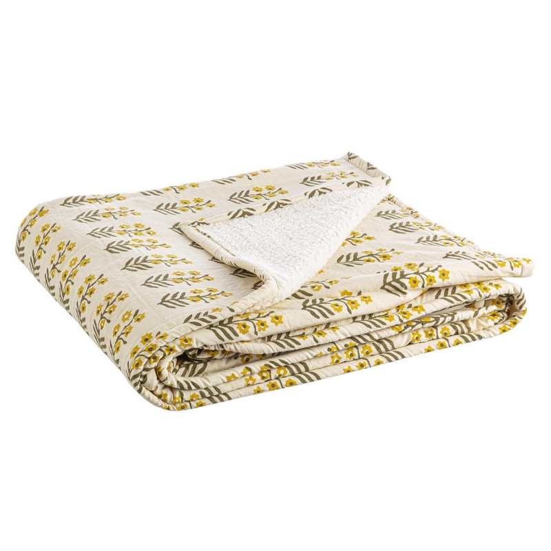 Morbido plaid con interno bouclé decorato con fiorellini gialli di dimensione 130x180 cm
